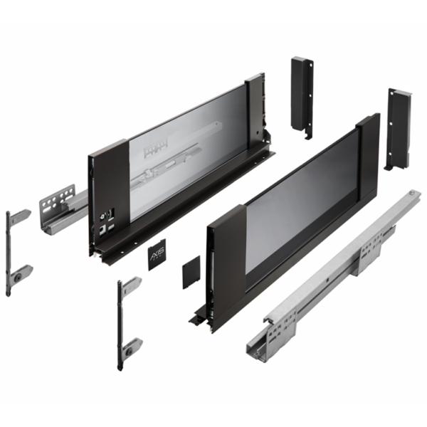 Guide per cassetti Axispro Soft close estrazione totale con Spondina Nero+Vetro C mm.168 varie lunghezze  GTV